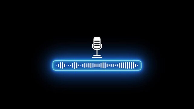 Animated neon glowing blue microphone line icon looping motion graphic, futuristic audio waveform spectrum HUD element, sound record symbol on black background 4k video animation.