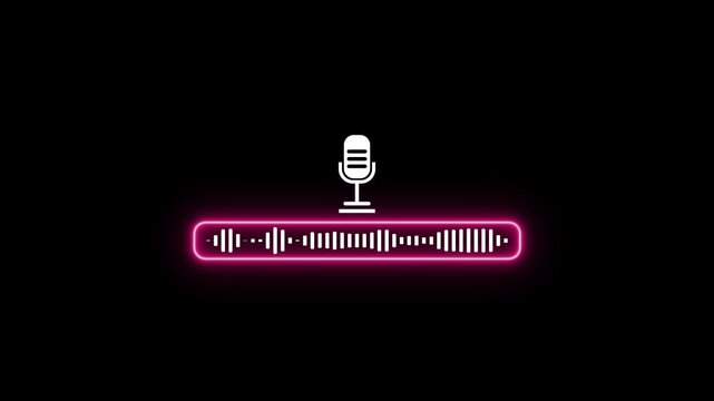 Animated neon glowing pink microphone line icon looping motion graphic, futuristic audio waveform spectrum HUD element, sound record symbol on black background 4k video animation.