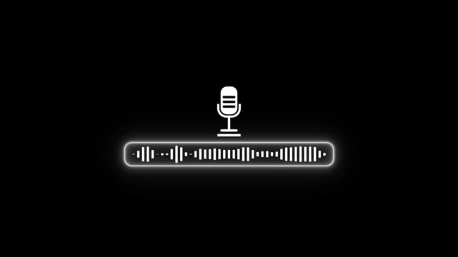 Animated neon glowing white microphone line icon looping motion graphic, futuristic audio waveform spectrum HUD element, sound record symbol on black background 4k video loop.
