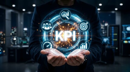 Obraz premium Person cupping hands around glowing KPI sphere with interconnected business icons magnifying glass team target speed dial and rising bar graph in dark office setting