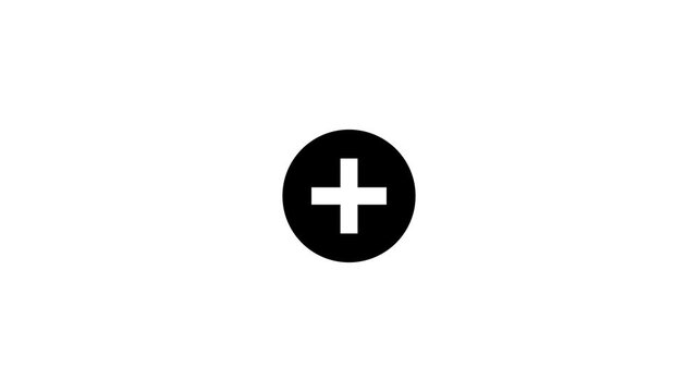 Animated plus button line icon looping motion graphic element, black circle add new symbol, create positive cross sign for user interface menu on white background 4k video.