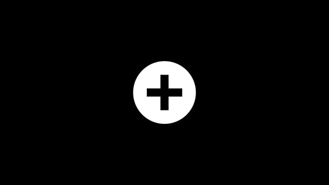 Animated plus button line icon looping motion graphic element, white circle add new symbol, create positive cross sign for user interface menu on black background 4k video.