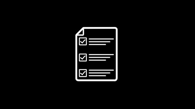 Animated checklist line icon looping motion graphic element, white to-do list document survey symbol, task management complete report sign on black background 4k video loop.