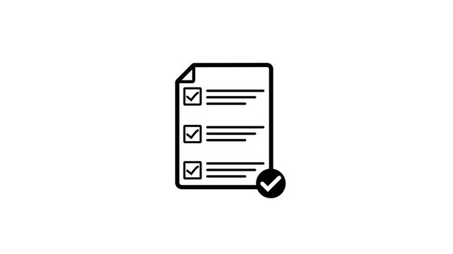 Animated checklist line icon looping motion graphic element, black to-do list document survey symbol, task management complete report sign on white background 4k video loop.