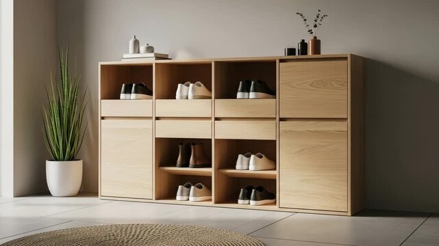 Modern minimalist wooden shoe rack organizer in bright contemporary entryway Ai HD video.
