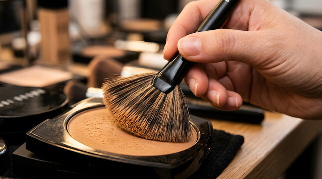 Professional makeup artist applying bronzer powder | High-end face contouring beauty tools | Soft fan brush picking up cosmetic powder | Luxury makeup products for flawless skin finish