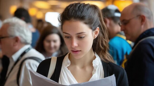 Focused Professional Woman Reading Document: A young professional woman with a serious expression intently reads a document amidst a blurred background of people.