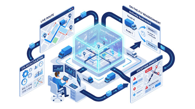 Isometric logistics dispatch hub with digital supply chain tracking and fleet management system for smart city delivery operations and automated transport routing