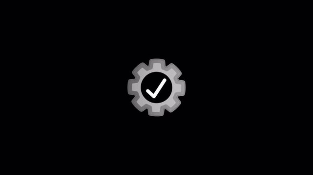 Gear icon with a vibrant green checkmark symbol centered inside representing successful process optimization.Circular check mark confirms optimal functionality or successful with Alpha Channel in 4k
