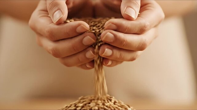 Close Up of Farmer Hands Pouring Golden Wheat Grains, Organic Cereal Seeds Falling Macro Shot, Agriculture Harvest Concept