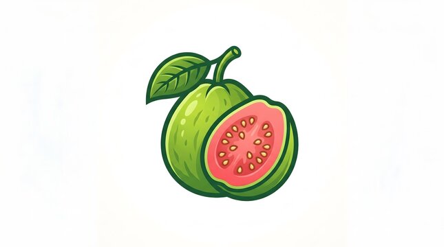 A vector illustration of a fresh green guava fruit with a single green leaf attached to its stem. Next to the whole fruit is a half-sliced guava, revealing its vibrant pink flesh and numerous small se