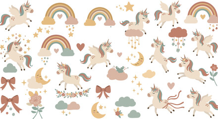 Obraz premium A whimsical collection of cute hand drawn unicorns rainbows stars hearts and decorative elements perfect for nursery decor baby shower invitations and magical kids designs