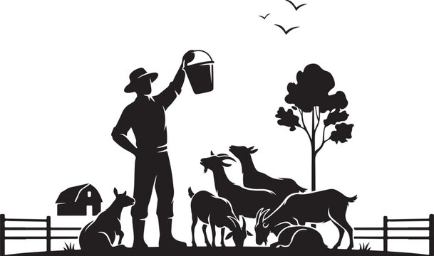 Black silhouette of man feeding goats on farm