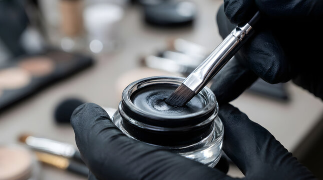 professional makeup artist application | black gel eyeliner jar with brush | beautician hands in black gloves | cosmetic tattooing tools | permanent makeup procedure close up
