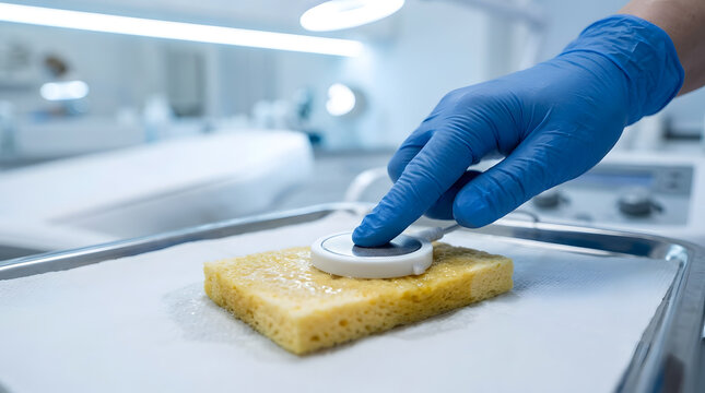 medical electrode preparation for physical therapy | hand in blue nitrile glove pressing stim pad | iontophoresis treatment setup in clinic | electrical stimulation therapy procedure close up