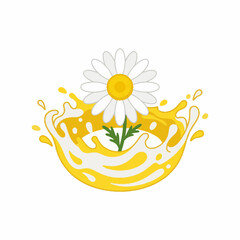 Obraz premium Chamomile flower splashing in yellow liquid extract vector illustration isolated on white background.