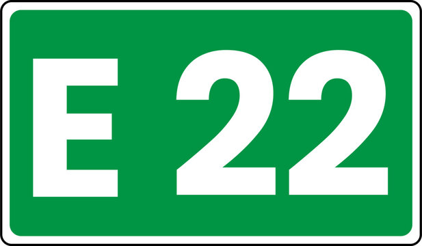 European route marker sign showing E22, Green european route E22 Sign