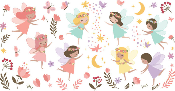 A collection of cute cartoon fairies flying with magical sparkles and floral elements in a whimsical hand drawn style isolated on a white background design