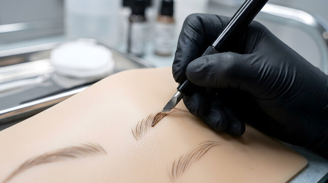 Microblading practice on silicone skin | Eyebrow tattoo training for beginners | Permanent makeup artist tools in use | Professional beauty technician practicing strokes