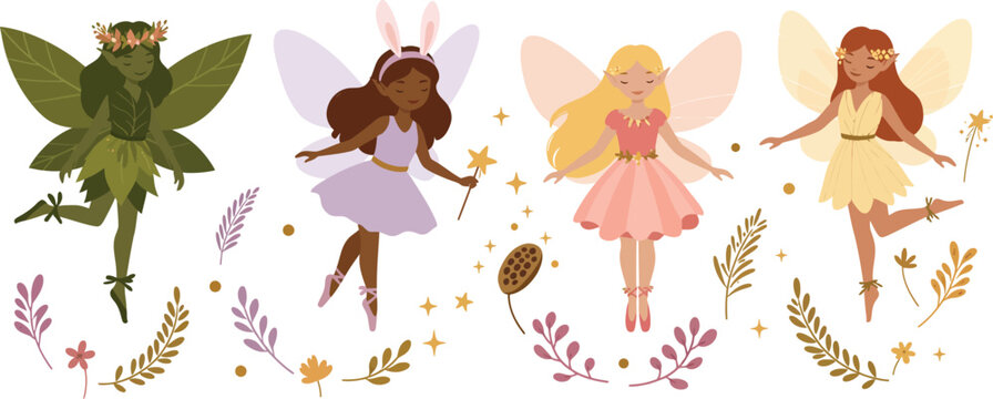 A collection of four beautiful watercolor fairy illustrations featuring diverse characters with delicate wings surrounded by magical floral elements on a clean white background design