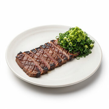 Gyutan Grilled Beef Tongue Isolated on White Background Square Composition Studio Shot