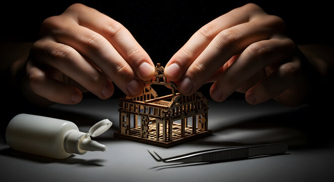 Close up of hands carefully assembling a miniature wooden house model kit with glue and tweezers on a dark workbench