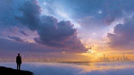 Fototapeta premium A lone figure stands on a hill overlooking a futuristic cityscape beneath a starry sky and glowing sunset, above a blanket of clouds.