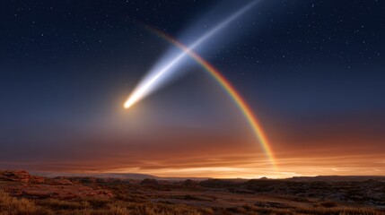 Fototapeta premium A bright comet streaks across a twilight sky, crossing a vibrant rainbow above a rocky, grassy landscape at sunset.