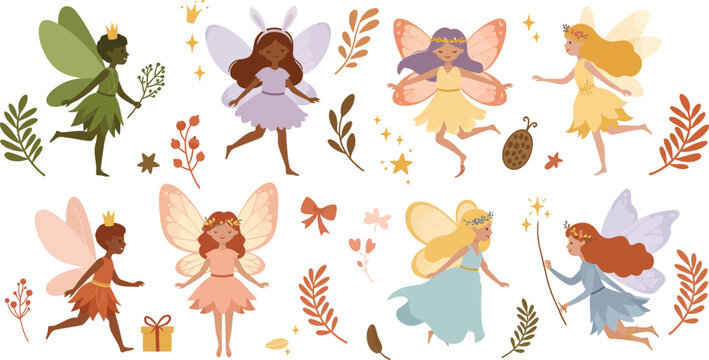 A collection of cute diverse fairies with colorful wings and magical elements isolated on a white background for children book illustrations and creative design projects