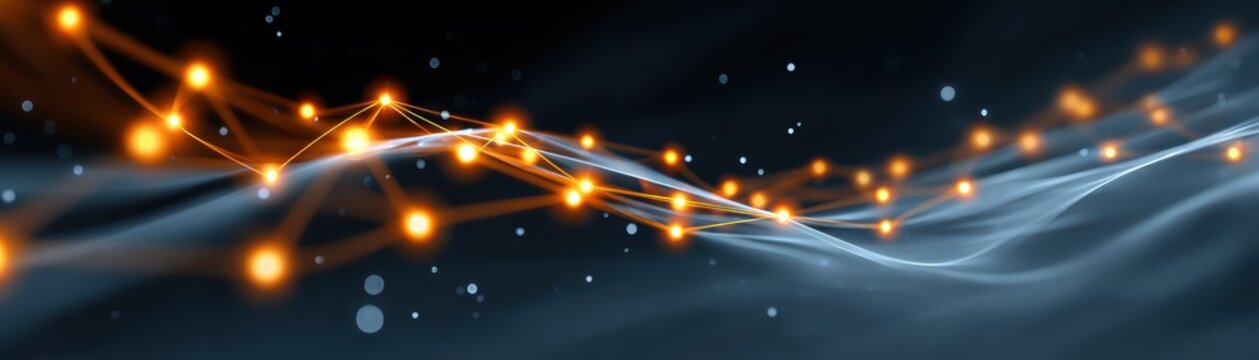 Abstract digital network with glowing orange nodes and flowing blue lines on a dark background, representing connectivity and data transfer.