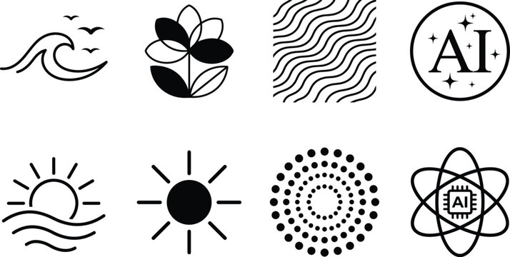 Vector icon collection featuring nature symbols, abstract geometric patterns, and artificial intelligence technology concepts in black and white