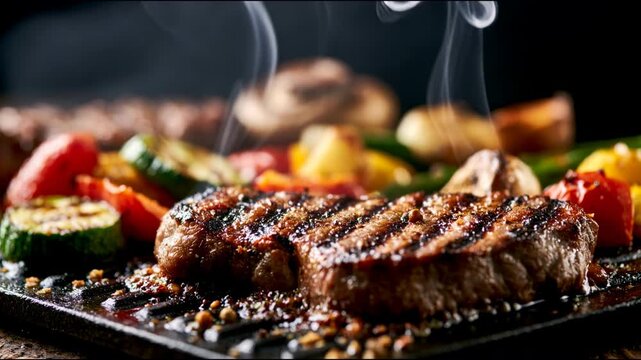 Close-up of hot grilled steak smoking on a griddle with vegetables