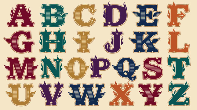 Decorative Varsity Sports Alphabet Full A&ndash;Z Set with Flames and Wings for Athletic Team Apparel Branding Collegiate Typography and Logo Design
