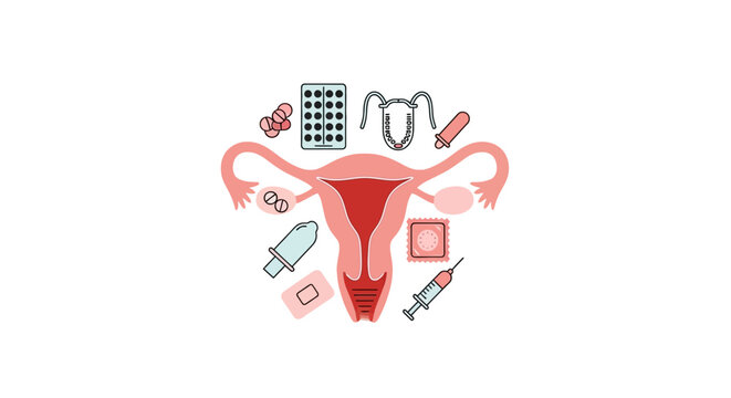 Female Reproductive System and Contraception Methods Illustration