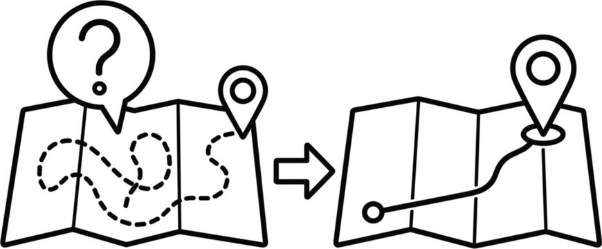 Map navigation vector illustration for route planning poster with location pin and question mark line art