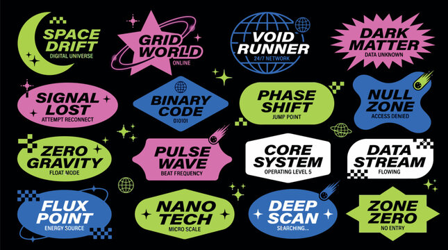 Retro futuristic graphic design elements and sci-fi typography badges for creative branding and digital interface projects
