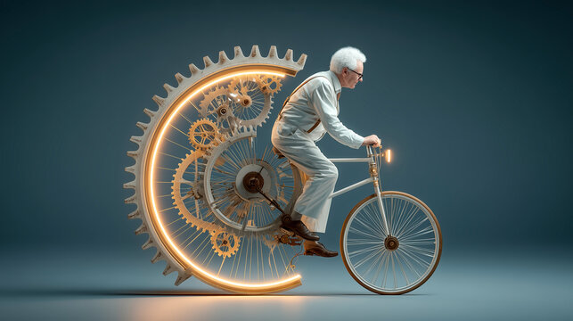Senior man rides unicycle with large illuminated cogwheel, symbolizing mechanical precision and balance. scene blends creativity and engineering in surreal manner