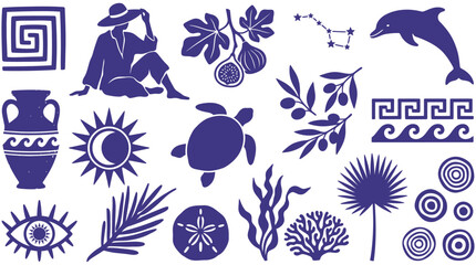 Collection of Blue Vector Icons Representing Nature, Travel, and Mythology Elements © Pronob Kumar Ray