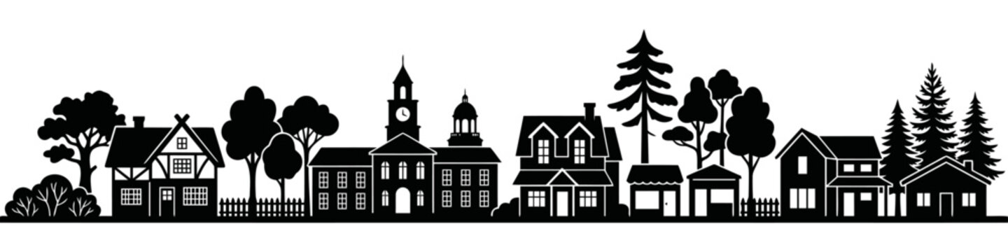 Silhouette of a charming small town skyline with diverse architectural styles, trees, and foliage, creating a picturesque rural landscape