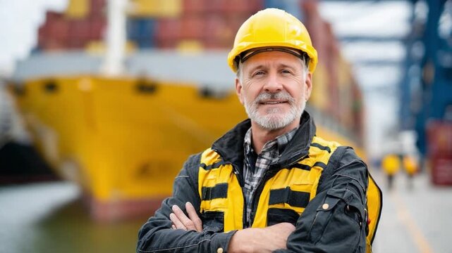 Maritime Expert at Work: A seasoned maritime professional, wearing a yellow hard hat and safety vest, stands confidently at the port with a large cargo ship in the background.