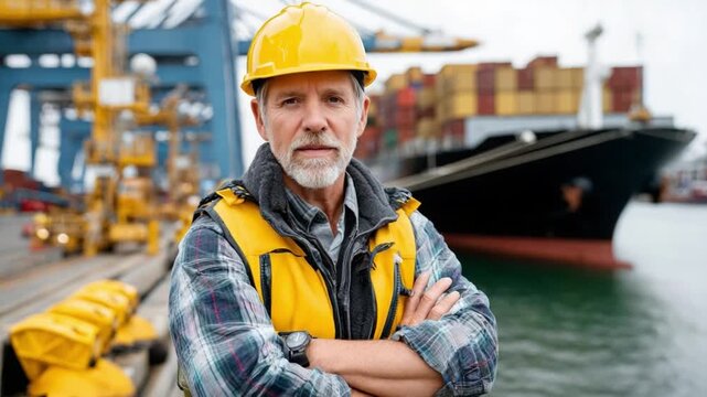 Dockworker Portrait: A seasoned dockworker with a weathered face and a yellow hard hat stands confidently at a busy port, with a cargo ship and cranes visible in the background.