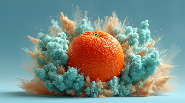 Vibrant orange bursts with neon cloud particles, creating abstract shapes against blue background. dynamic scene captures contrast between fruit and colorful explosion