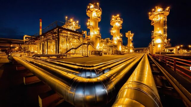 Industrial Powerhouse at Night: An illuminated industrial complex with towering structures and extensive pipelines glows under the night sky, representing energy production and infrastructure.