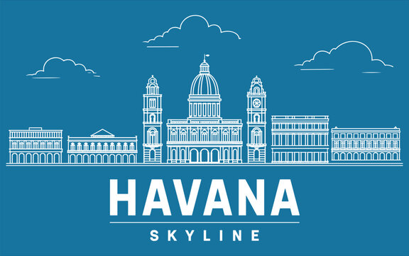 Blue and white havana skyline with capitolio and domed buildings