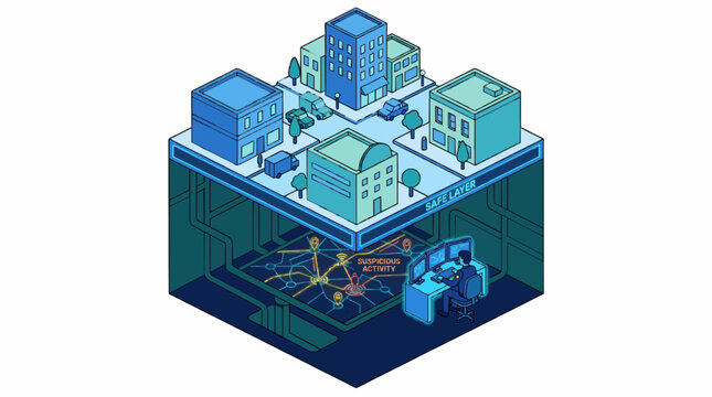 Isometric illustration of a security team monitoring suspicious activity on a hidden underground network map