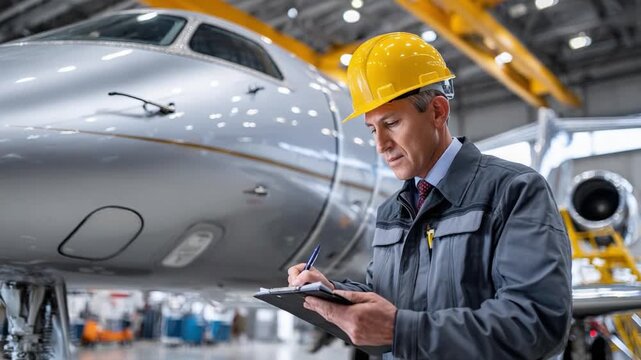 Aircraft Maintenance Specialist: A focused aircraft maintenance specialist in a yellow hard hat meticulously inspects a private jet, clipboard in hand, ensuring flight readiness.