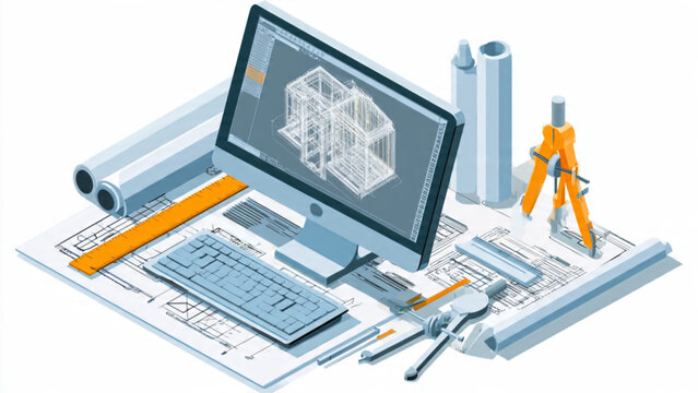 Architectural Blueprint Design with Computer and Tools.