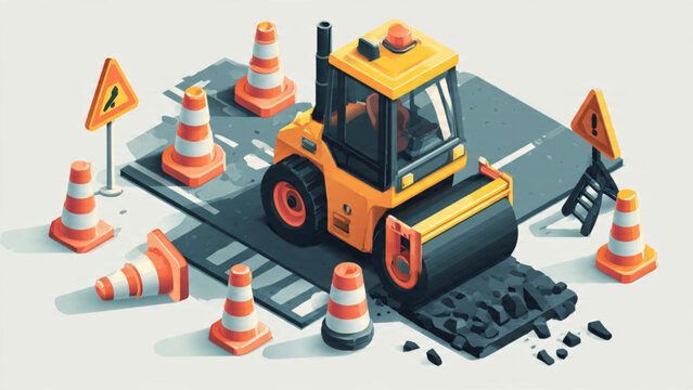 Construction Roadwork Equipment with Safety Cones and Barricades.