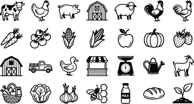 Farm Agriculture Icons Set Farming Animals Barn Vegetables Fruits Vector Design