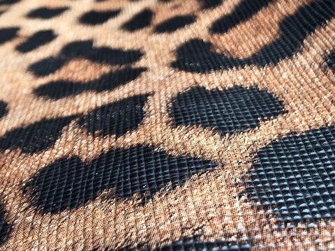 Macro close-up of a shiny gold and black leopard print fabric texture featuring a woven metallic mesh pattern with shallow depth of field.